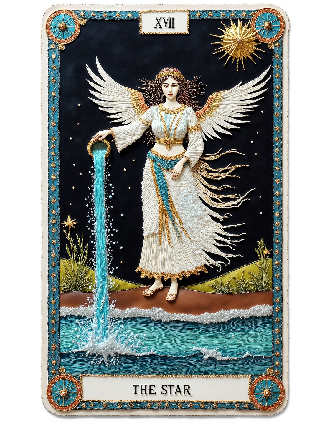 17 Tarot card of The Star, titled _XVII The Star_, air elemental, pouring water on land and sea _lora_leathmm_1.4_ 2907560772 c=1 25 0.4 Euler flux1-dev-Q4_0.jpg